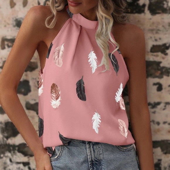 Boho Feather Print Halter Tank Top - Picture 4 of 7